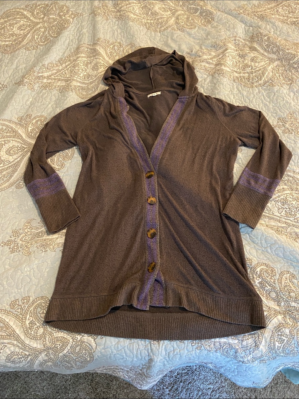 Gray Hooded Cardigan with Purple Trim